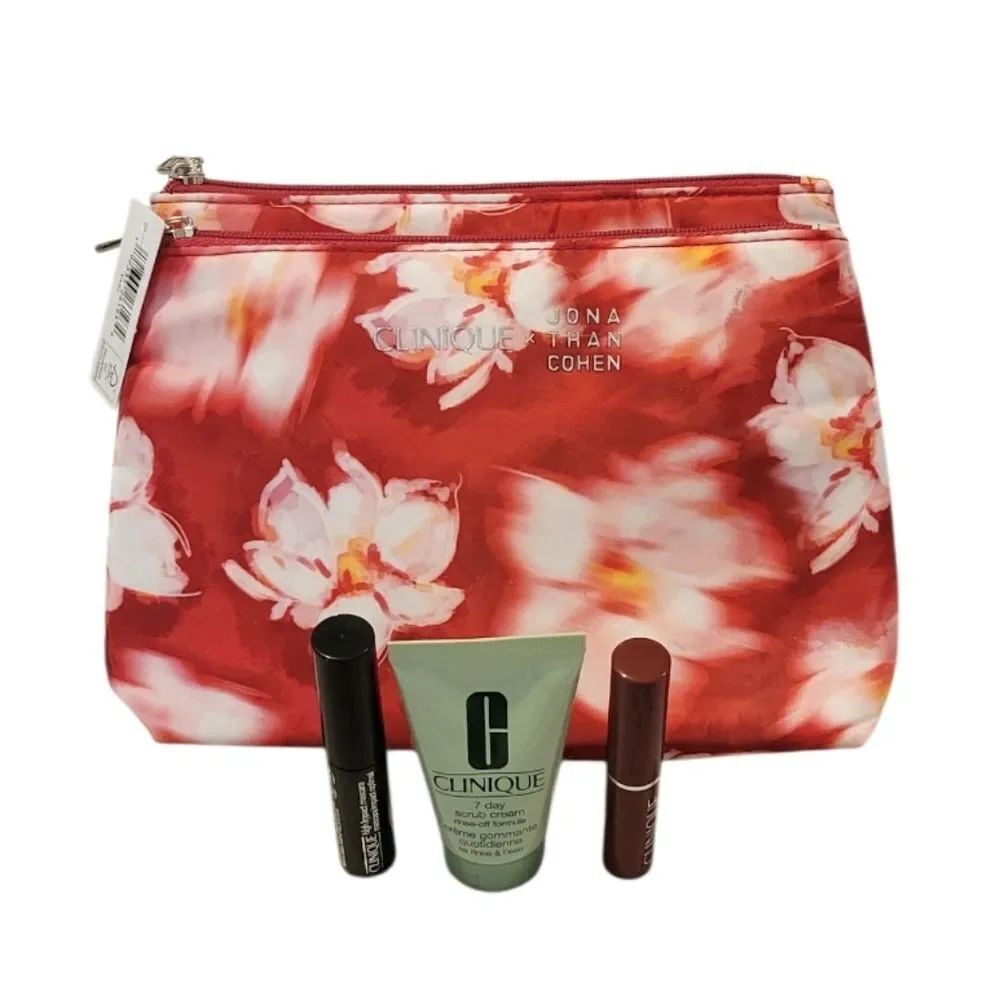 2 Clinique Jona Than Cohen Red Floral Makeup Bags & 3 Mini Clinique Products